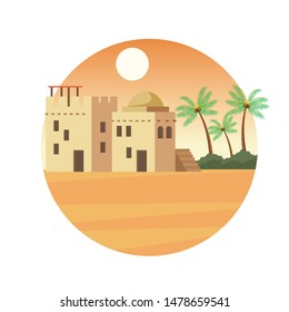 India buildings in the desert at sunnyday with palms and mountains scenery cartoon vector illustration graphic design