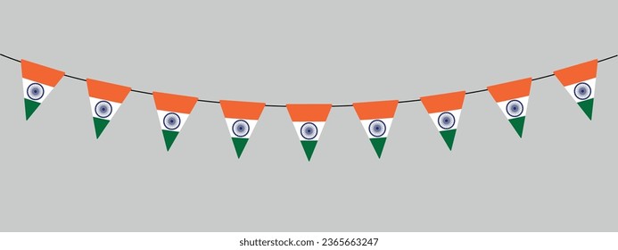 India bunting garland, string of triangular indian flags, pennants, retro style vector illustration