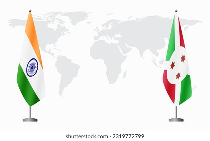 India and Burundi flags for official meeting against background of world map.