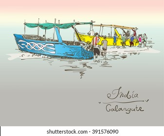 India Calangute Beach sketch drawing with two boats ashore, retro style travel poster postcard template with hand lettering inscription, vector illustration