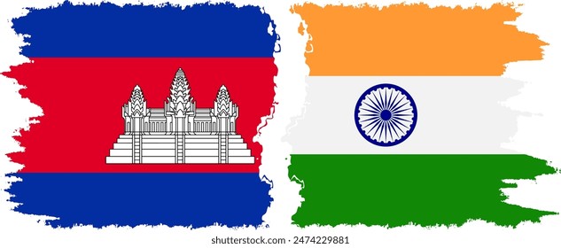 India and Cambodia grunge flags connection, vector