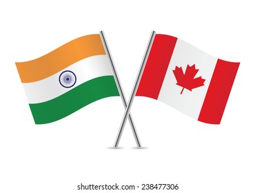 India and Canada crossed flags. Indian and Canadian flags, isolated on white background. Vector icon set. Vector illustration.