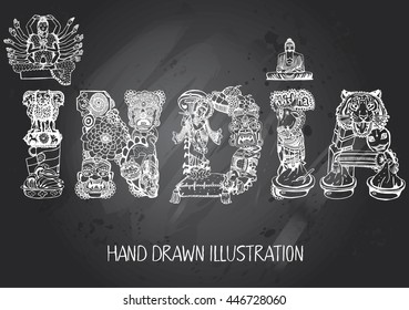 India card with Text. Vector Type with Indian Objects. Hand-drawn on Gray Chalkboard