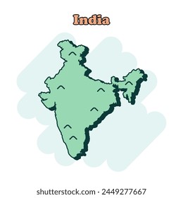 Icono de mapa coloreado de dibujos animados de la India en estilo cómico. Pictograma de ilustración de Country. La geografía de la nación salpica el concepto de negocios.