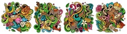 Diseños De Doodles Vectores De Dibujos Animados De La India. Coloridas Composiciones Detalladas Con Muchos Objetos Y Símbolos De La Cultura India. Isolación En Ilustraciones Blancas