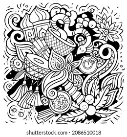 India cartoon vector doodle illustration. Line art detailed composition with lot of Indian objects and symbols.