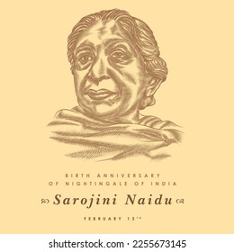 India Celebrates Freedom Fighter Sarojini Naidu's birthday on 13 February as National Women's Day. Creative concept design with her hand drawn illustration.