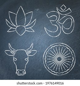 India chalkboard icons set in line style. Traditional symbols including Ashoka Chakra wheel, lotus flower, om symbol and cow head. Vector illustration.