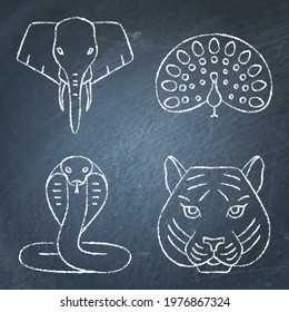 India chalkboard icons set in line style. Sacred animal symbols including tiger, cobra snake, elephant and peacock. Vector illustration.