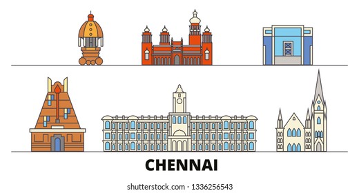 India, Chennai flat landmarks vector illustration. India, Chennai line city with famous travel sights, skyline, design. 