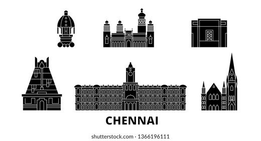 India, Chennai flat travel skyline set. India, Chennai black city vector illustration, symbol, travel sights, landmarks.