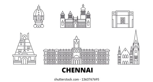 India, Chennai line travel skyline set. India, Chennai outline city vector illustration, symbol, travel sights, landmarks.