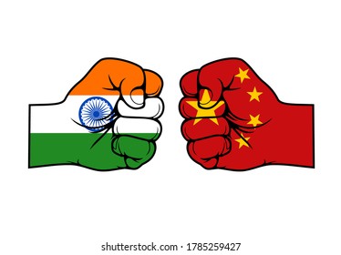 India and China confrontation flags fists, vector icons of conflict opposition face-off relationship. Indian Chinese international economics, national politics and military confrontation punch fists