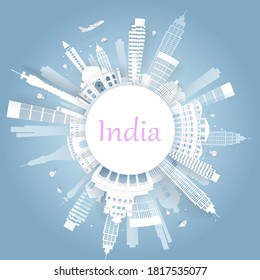 
India in Circle concept of Famous landmarks. Vector silhouette Illustration in Blue background .
