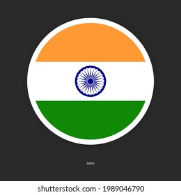 India circle flag icon with white border on dark grey background. Indian button flag icon isolated on barely dark background.