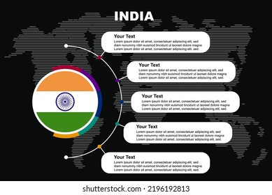 India circle infographic with information text spaces, black background with world map, India circle country flag, presentation graphic idea, info and data template for countries