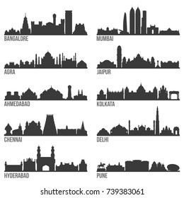India Cities Most Famous Skyline City Silhouette Design Collection Set Pack