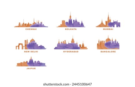 India cities skyline vector logo set. Flat watercolor icon for Mumbai, Kolkata, Hyderabad, Bangalore, Chennai, Jaipur, New Delhi silhouette. Isolated graphic collection