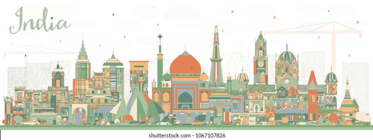 India City Skyline with Color Buildings. Delhi. Mumbai, Bangalore, Chennai. Vector Illustration. Travel and Tourism Concept with Historic Architecture. India Cityscape with Landmarks.