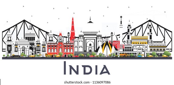 India City Skyline with Color Buildings Isolated on White. Delhi. Hyderabad. Kolkata. Vector Illustration. Travel and Tourism Concept with Historic Architecture. India Cityscape with Landmarks.