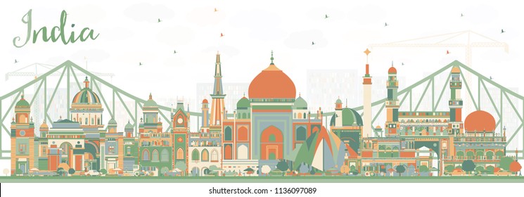 India City Skyline with Color Buildings. Delhi. Hyderabad. Kolkata. Vector Illustration. Travel and Tourism Concept with Historic Architecture. India Cityscape with Landmarks.