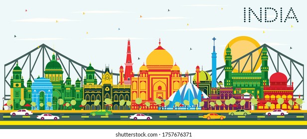 India City Skyline with Color Buildings and Blue Sky. Delhi. Hyderabad. Kolkata. Vector Illustration. Travel and Tourism Concept with Historic Architecture. India Cityscape with Landmarks.
