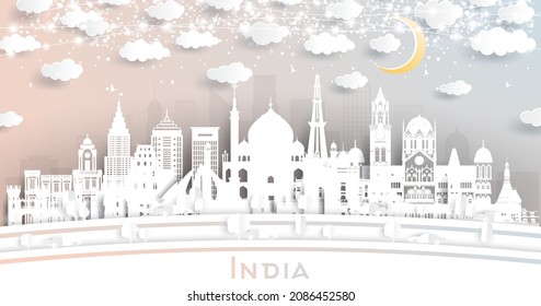 India City Skyline in Paper Cut Style with White Buildings, Moon and Neon Garland. Vector Illustration. Travel and Tourism Concept. India Cityscape with Landmarks.