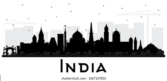 India City Skyline Silhouette with Black Buildings Isolated on White. Delhi. Mumbai, Bangalore, Chennai. Vector Illustration. Tourism Concept with Historic Architecture. India Cityscape with Landmarks