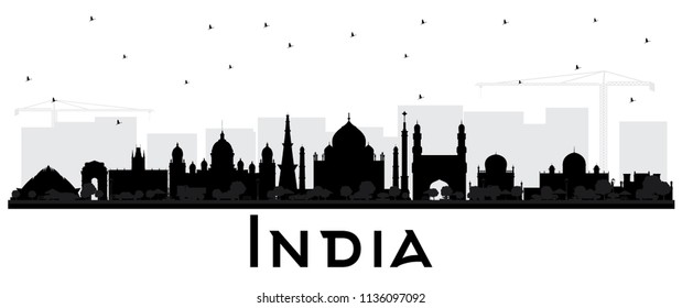 India City Skyline Silhouette with Black Buildings Isolated on White. Delhi. Hyderabad. Kolkata. Vector Illustration. Tourism Concept with Historic Architecture. India Cityscape with Landmarks.