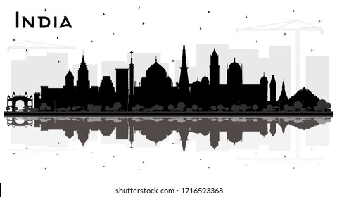 India City Skyline Silhouette with Black Buildings and Reflections Isolated on White. Delhi. Mumbai, Bangalore, Chennai. Vector Illustration. Tourism Concept with Historic Architecture.