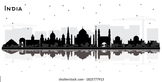 India City Skyline Silhouette with Black Buildings and Reflections Isolated on White. Delhi. Hyderabad. Kolkata. Vector Illustration. Tourism Concept with Historic Architecture. India Cityscape.
