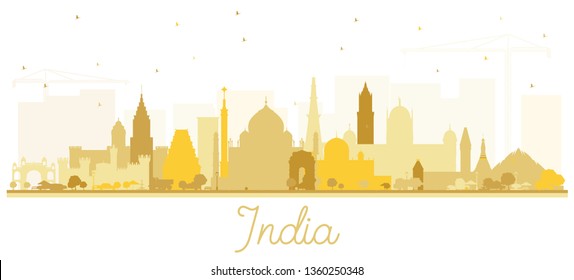 India City Skyline Silhouette with Golden Buildings Isolated on White. Delhi. Mumbai, Bangalore, Chennai. Vector Illustration. Historic Architecture. India Cityscape with Landmarks.