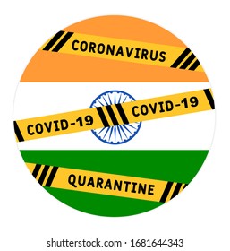 India closes borders. Caution tape with black and yellow lines and text keep out on India flag background. The idea of closing the country to prevent the spread of the coronavirus (COVID19).