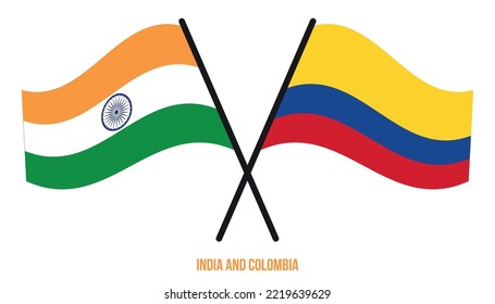 India and Colombia Flags Crossed And Waving Flat Style. Official Proportion. Correct Colors.