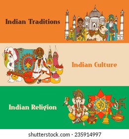 India colored sketch banners set with traditions culture religion isolated vector illustration