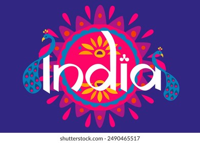 India colorful text banner. Handwriting white India inscription on purple background and floral patterns and flat peacock. Flat vector India Independence Day