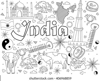 India coloring book line art design vector illustration. Separate objects. Hand drawn doodle design elements.