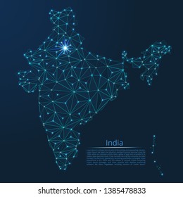 India communication network map. Vector low poly image of a global map with lights in the form of cities in or population density consisting of points and shapes in the form of stars and space.