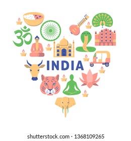 India concept banner in flat style. National culture and attractions symbols. Vector illustration.