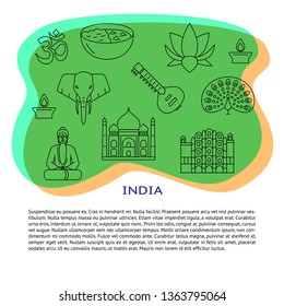 India concept banner in line style with place for text. Poster with national symbols. Vector illustration with editable stroke.