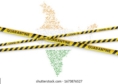 India Coronavirus quarantine concept. Covid-19, MERS-Cov. Yellow and black stripes with map in national indian flag colors. Quarantine biohazard sign. Vector.