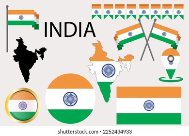 INDIA country flag and map. vectors
