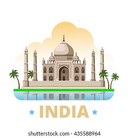 Plantilla de diseño del imán de la India. La vista histórica estilo caricatura plana muestra la ilustración vectorial del sitio web. Visita de turismo de vacaciones colección Asia. Mausoleo Taj Mahal en Agra. Vector de stock