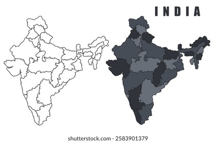 India country map black flat outline vector illustration set