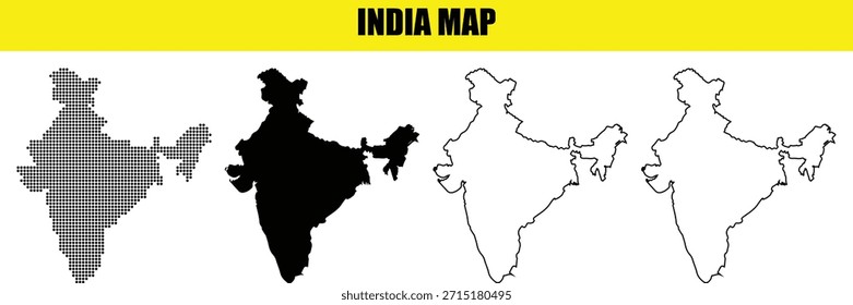 Mapa del país de la India con siluetas de contorno y relleno blanco, sólido y punteado sobre fondo blanco limpio para infografías, proyectos de educación, presentación y Diseño gráfico