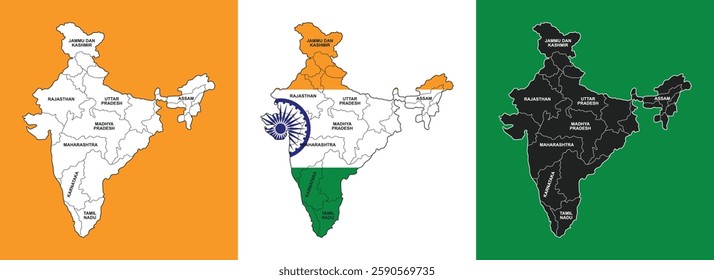 India Country Map Vector flat Illustration. illustration of detailed map of India, Asia with all states and country boundary. Hanging India flag in form of map. Republic of India national flag concept