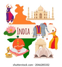 India country research concept, world asian oriental stereotype snake charmer, temple and elephant flat vector illustration, isolated on white.