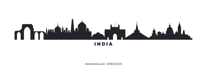 India country skyline with cities panorama. Vector flat banner, logo. Mumbai, New Delhi, Kolkata, Bangalore megapolis silhouette for footer, steamer, header. Isolated graphic