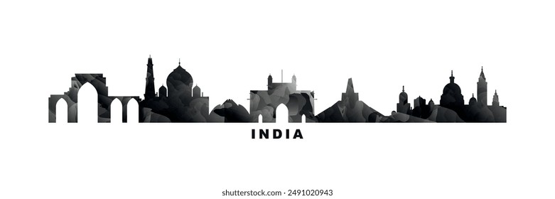 Paisaje de India, panorama de ciudades. Anuncio de Vector o logo largo con textura abstracta. Mumbai, Nueva Delhi, Calcuta, silueta de Bangalore, gráfico aislado