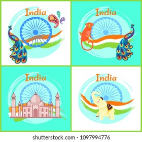 India cultural national symbols collection, poster with marble Taj Mahal, animals monkey and peacock, white elephant, banners set, vector illustration